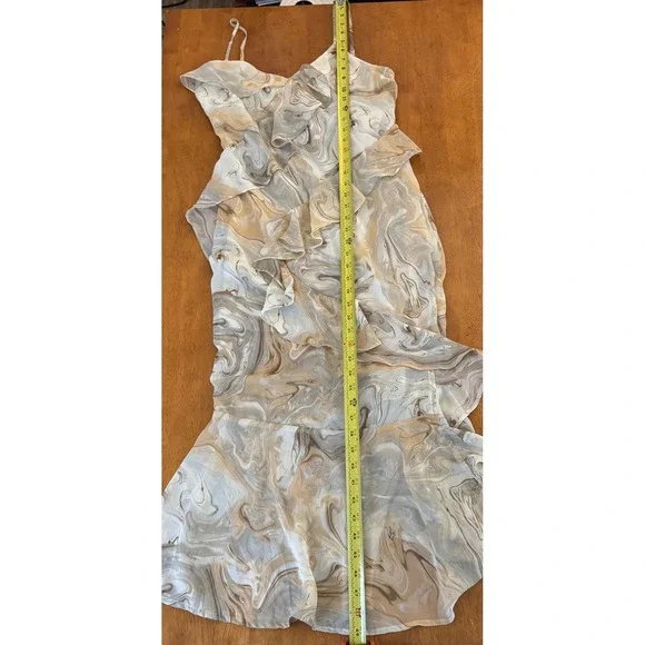Blu Pepper Women's Marble Print Ruffle Midi Dress Tan Cream V-Neck Size M - Picture 7 of 8